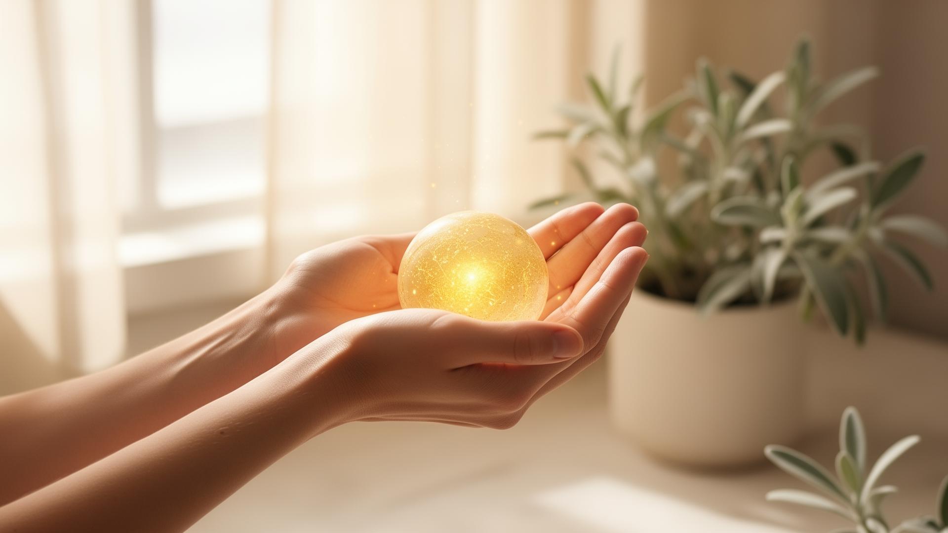 Mains tenant une douce lumière dorée